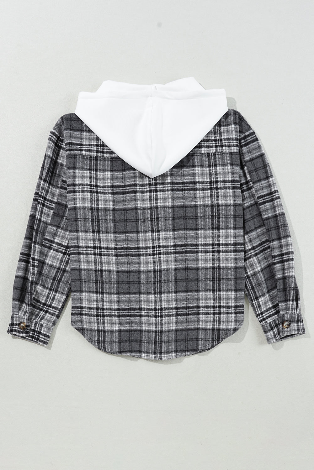 Black Plaid Print Flap Pockets Contrast Hooded Loose Shacket Plaid Shackets JT's Designer Fashion