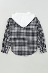 Black Plaid Print Flap Pockets Contrast Hooded Loose Shacket Plaid Shackets JT's Designer Fashion