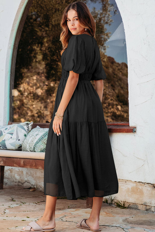 Black Puff Sleeve Pleated High Waist Flowy Long Dress Maxi Dresses JT's Designer Fashion