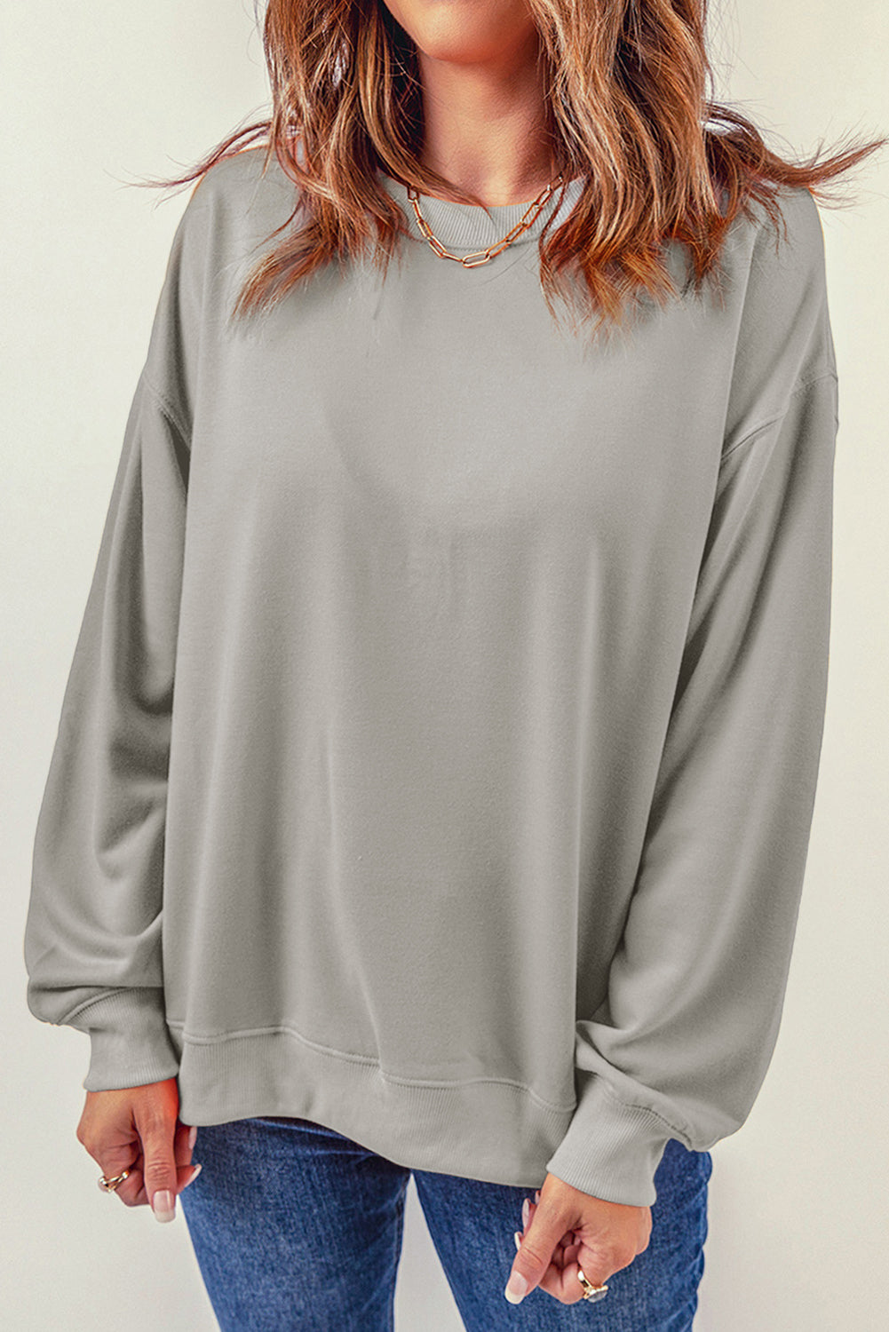 Gray Plain Crew Neck Pullover Sweatshirt Sweatshirts & Hoodies JT's Designer Fashion