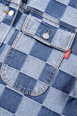 Light Blue Checkered Patchwork Button up Denim Jacket Denim Jackets JT's Designer Fashion