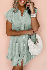 Green Stripe Frilled Sleeveless Collar Front Pocket Button Up Mini Dress Mini Dresses JT's Designer Fashion