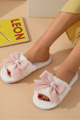 White Bow Knot Decor Open Toe Plush Slippers Slippers JT's Designer Fashion
