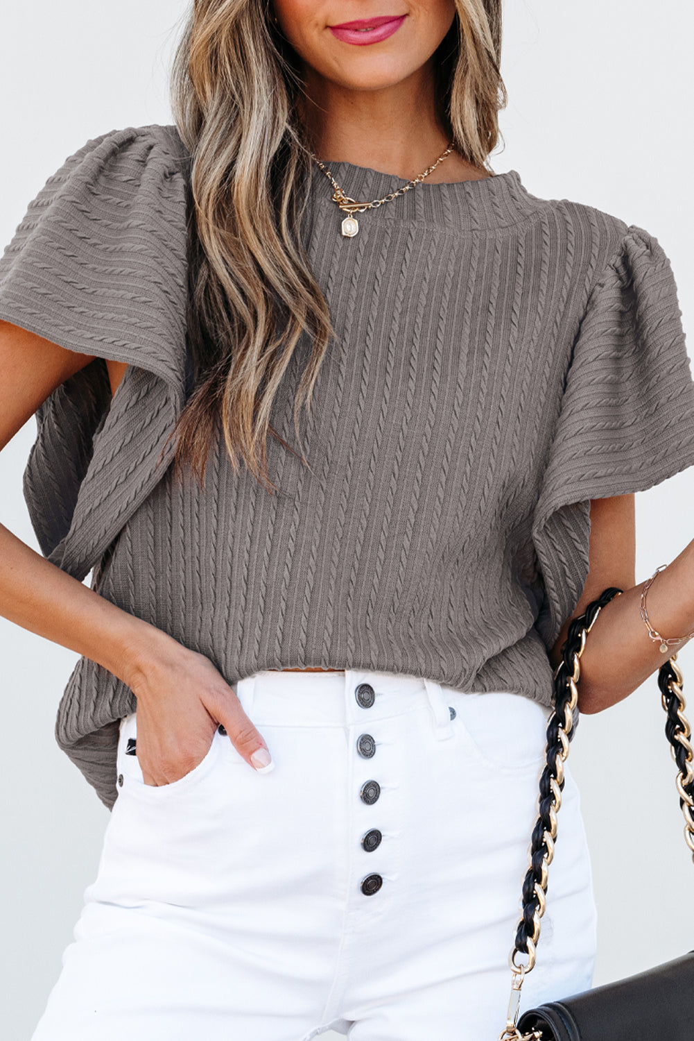 Sleet Solid Color Textured Flutter Sleeve Top Blouses & Shirts JT's Designer Fashion
