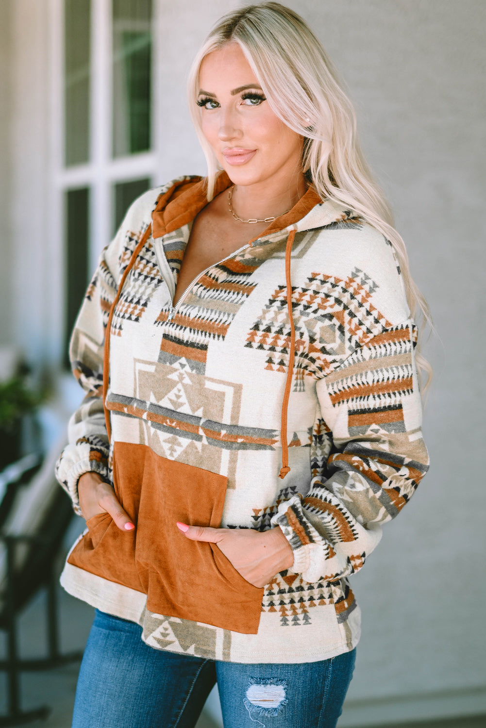 Beige Aztec Print Kangaroo Pocket Half-Zip Hoodie Sweatshirts & Hoodies JT's Designer Fashion