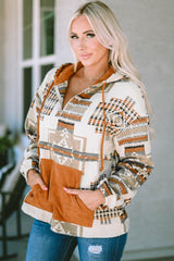 Beige Aztec Print Kangaroo Pocket Half-Zip Hoodie Sweatshirts & Hoodies JT's Designer Fashion