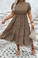Brown Plus Size Leopard Print Frill Trim Short Sleeve Flared Dress Plus Size JT's Designer Fashion