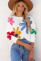 White Colorful Big Flower Pattern Crewneck Sweater Sweaters JT's Designer Fashion