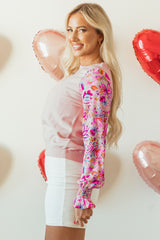 Oatmeal Floral Printed Patchwork Smocked Lantern Sleeve Knit Top Sweaters JT's Designer Fashion