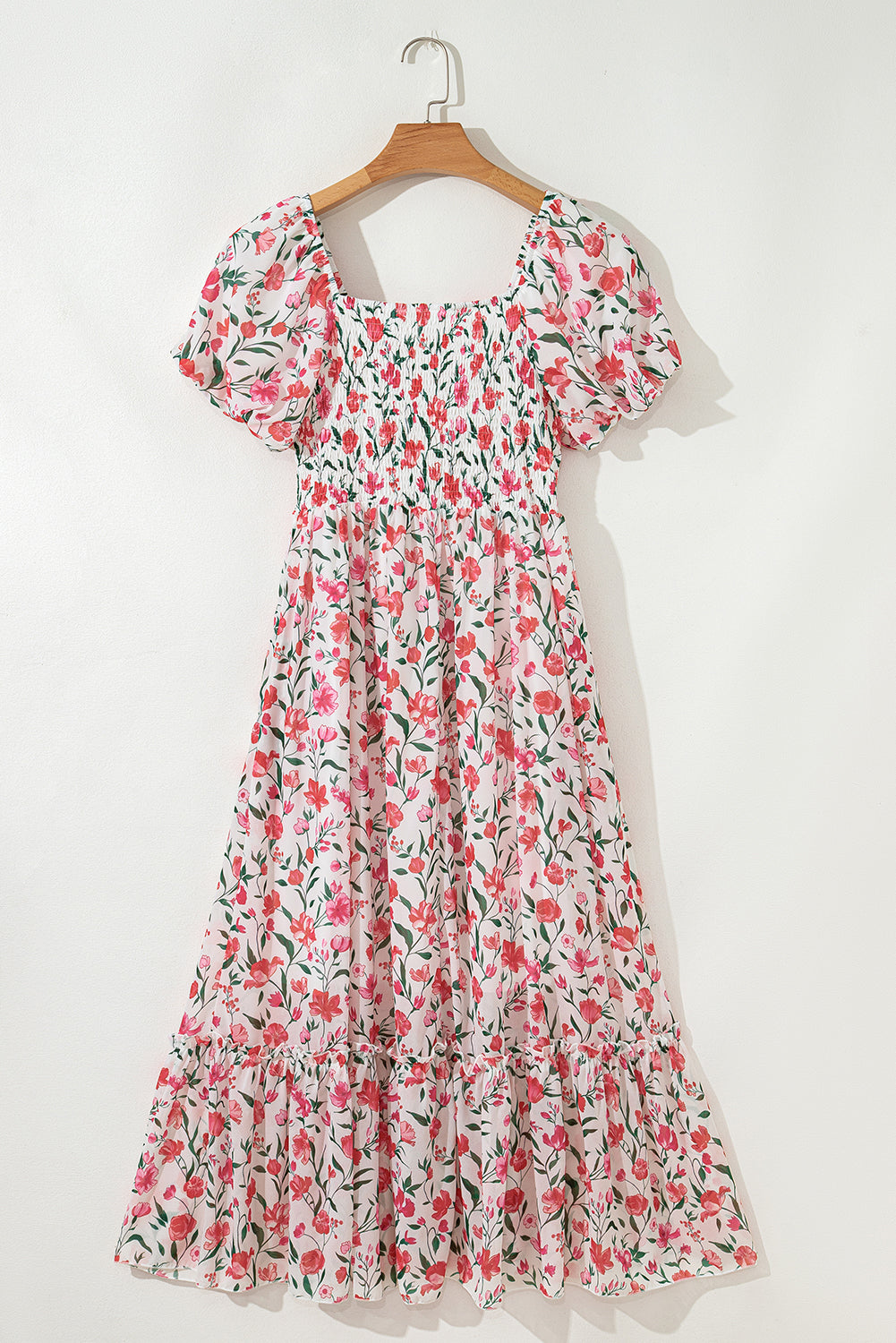 Pink Floral Puff Sleeve Square Neck Empire Waist Tiered Maxi Dress Floral Dresses JT's Designer Fashion
