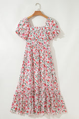 Pink Floral Puff Sleeve Square Neck Empire Waist Tiered Maxi Dress Floral Dresses JT's Designer Fashion