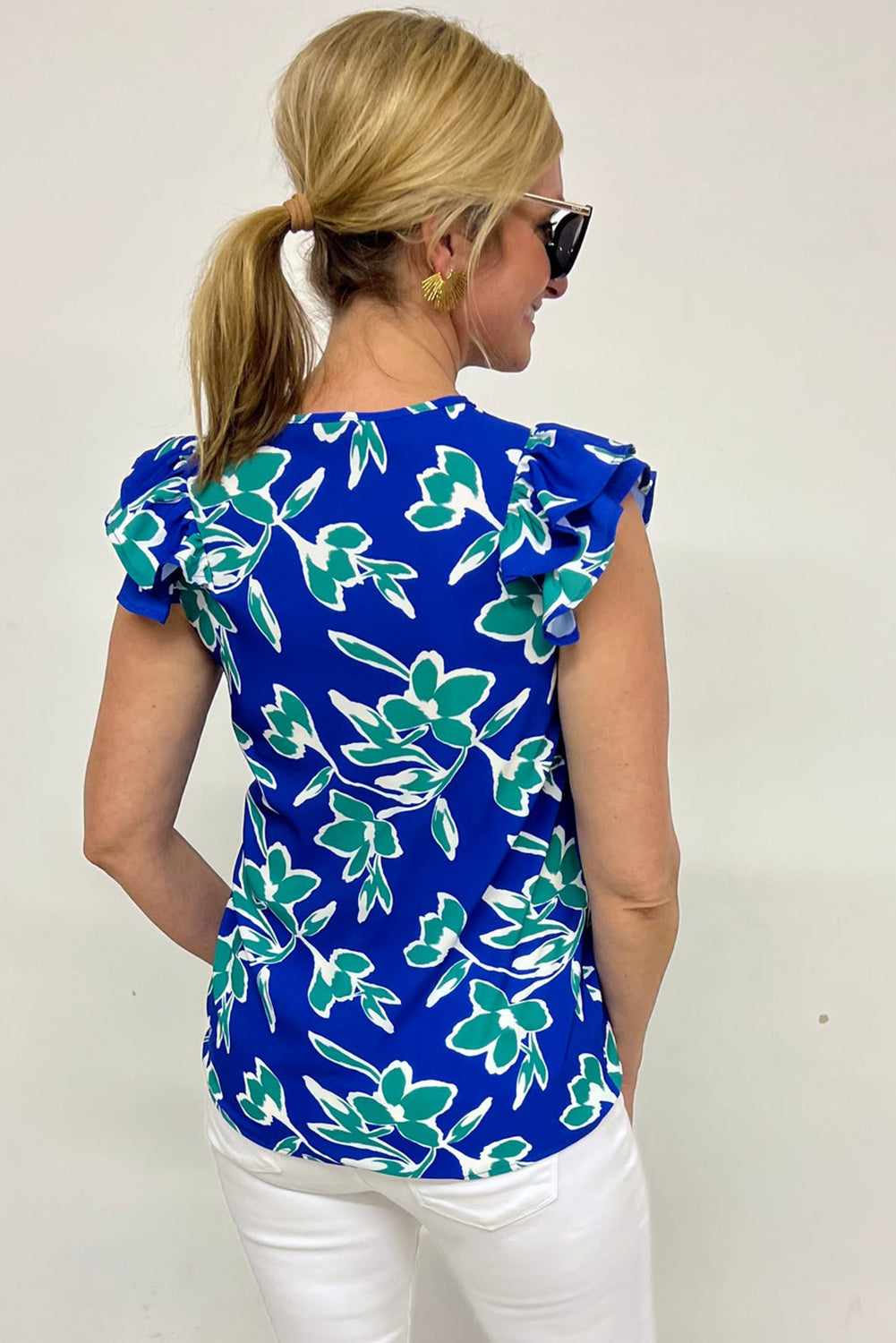 Blue V Neck Floral Print Double Ruffled Short Sleeve Blouse Blouses & Shirts JT's Designer Fashion