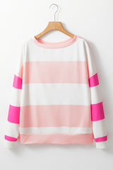 Light Pink Colorblock Striped Drop Shoulder Long Sleeve Top Long Sleeve Tops JT's Designer Fashion