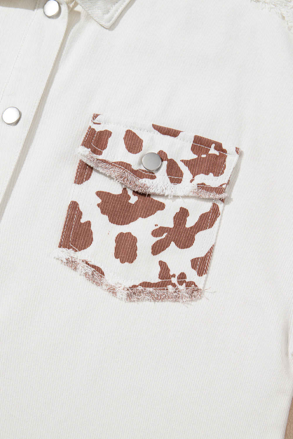 White Cow Spot Patchwork Flap Pocket Distressed Hem Long Denim Jacket Denim Jackets JT's Designer Fashion