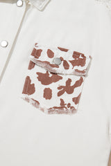 White Cow Spot Patchwork Flap Pocket Distressed Hem Long Denim Jacket Denim Jackets JT's Designer Fashion