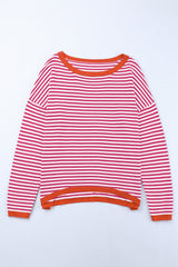 Pink Contrast Trimmed Striped Drop Shoulder Sweater Sweaters JT's Designer Fashion