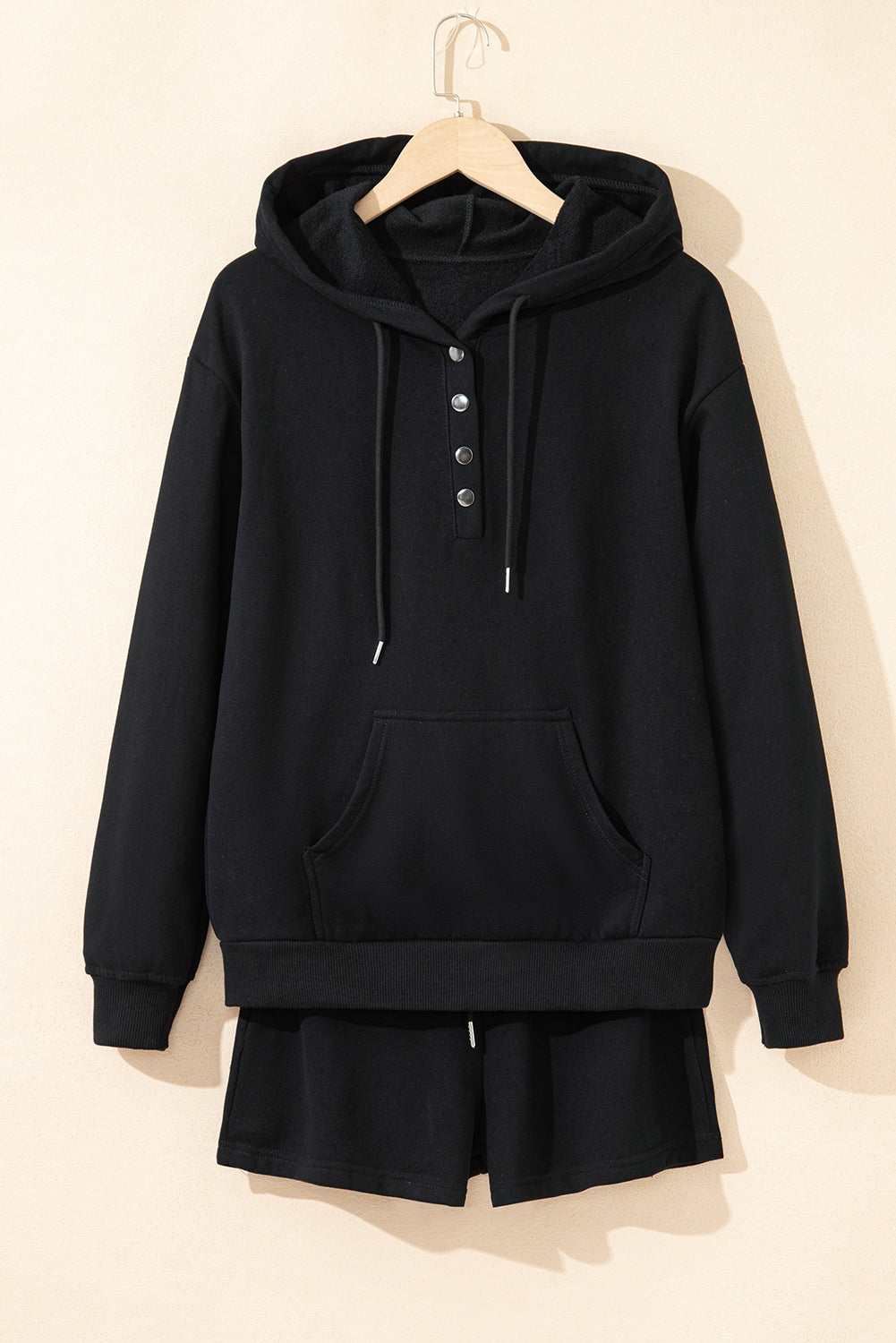 Black Button Drawstring Hooded Pullover and Casual Short Set Short Sets JT's Designer Fashion
