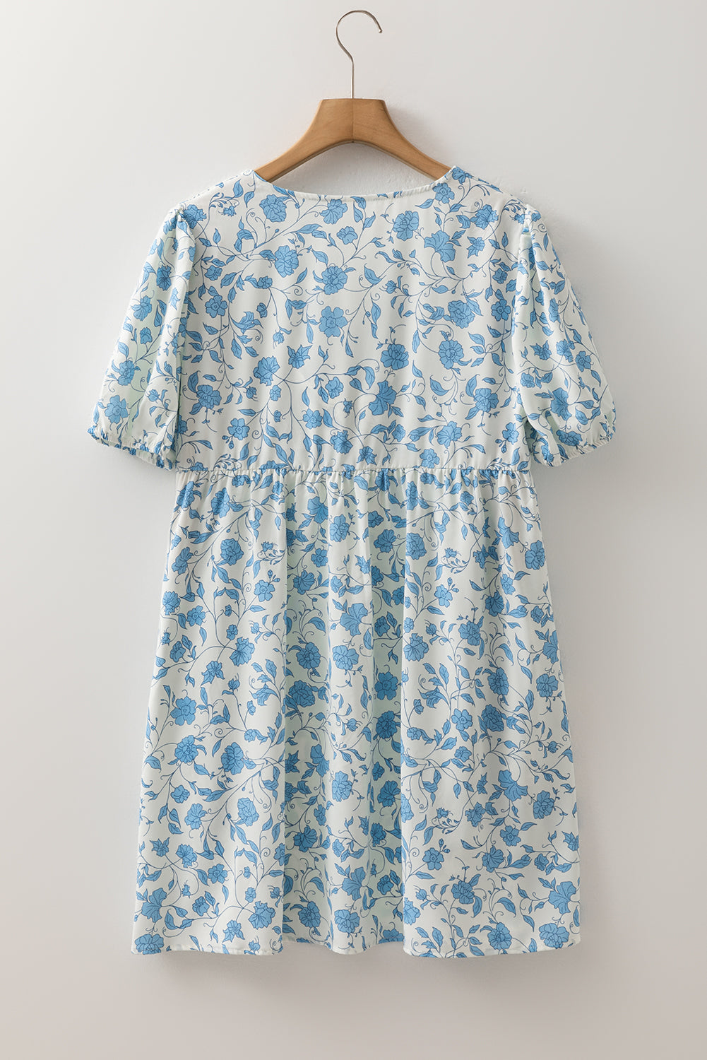 Sky Blue Floral Contrast Bow Puff Sleeve Mini Dress Mini Dresses JT's Designer Fashion