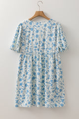Sky Blue Floral Contrast Bow Puff Sleeve Mini Dress Mini Dresses JT's Designer Fashion