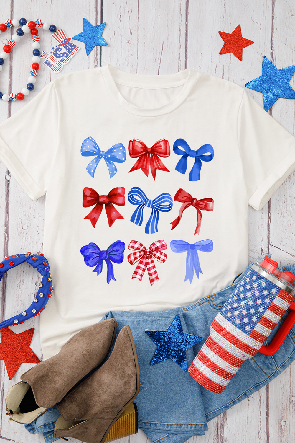 White USA Inspire Bow Print Crewneck Independence Day Tee Graphic Tees JT's Designer Fashion