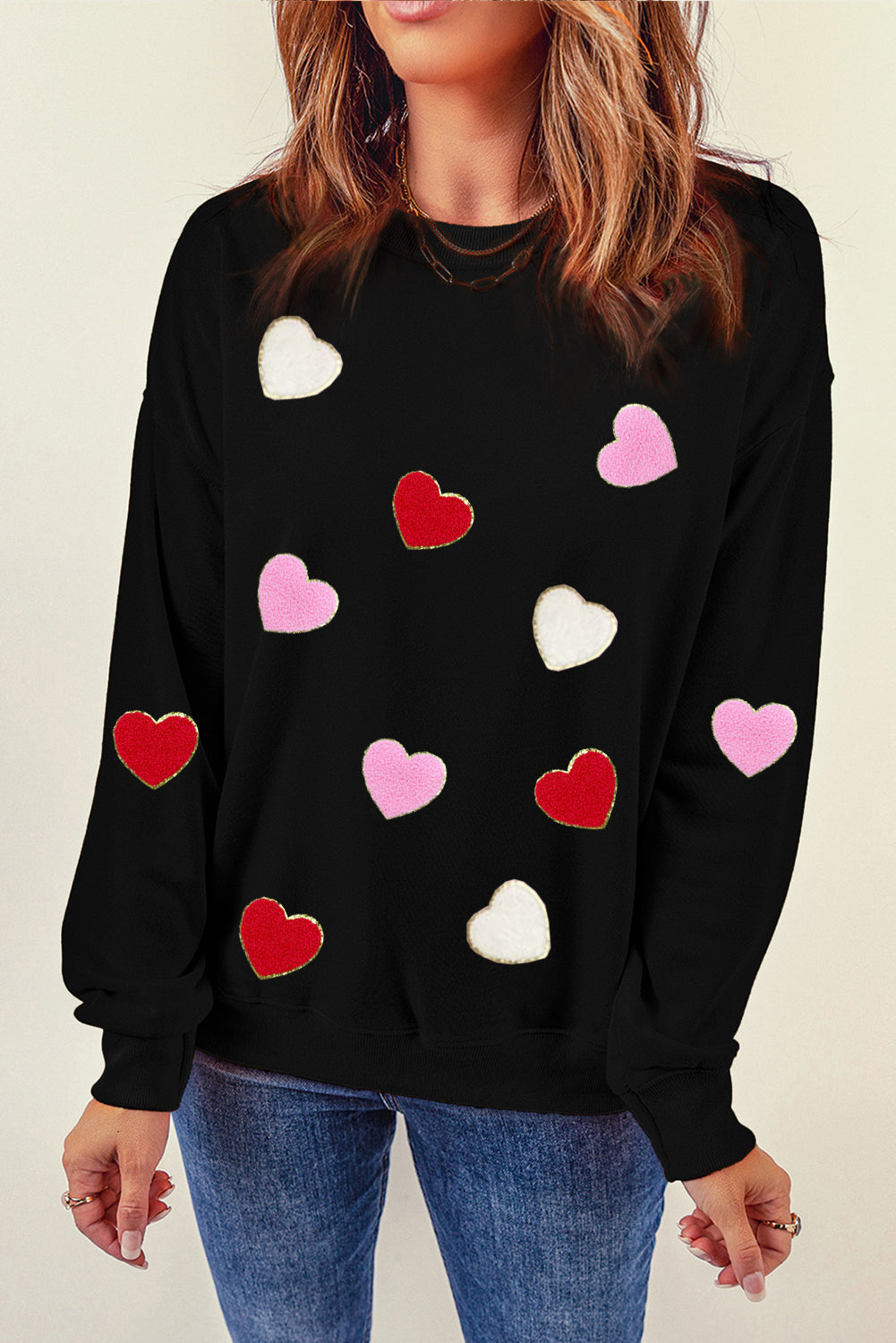 Black Heart Shaped Chenille Embroidered Crew Neck Sweatshirt Graphic Sweatshirts JT's Designer Fashion