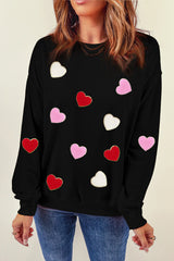 Black Heart Shaped Chenille Embroidered Crew Neck Sweatshirt Graphic Sweatshirts JT's Designer Fashion