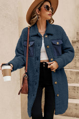 Blue Contrast Flap Pocket Single Breasted Teddy Coat Coats JT's Designer Fashion