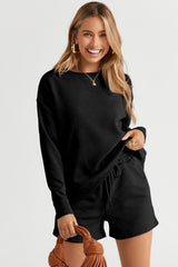Black Textured Long Sleeve Top and Drawstring Shorts Set Short Sets JT's Designer Fashion