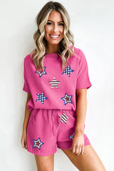 Rose Red Waffle Sequin American Flag Star Graphic 2 Piece Shorts Set Graphic Sets JT's Designer Fashion