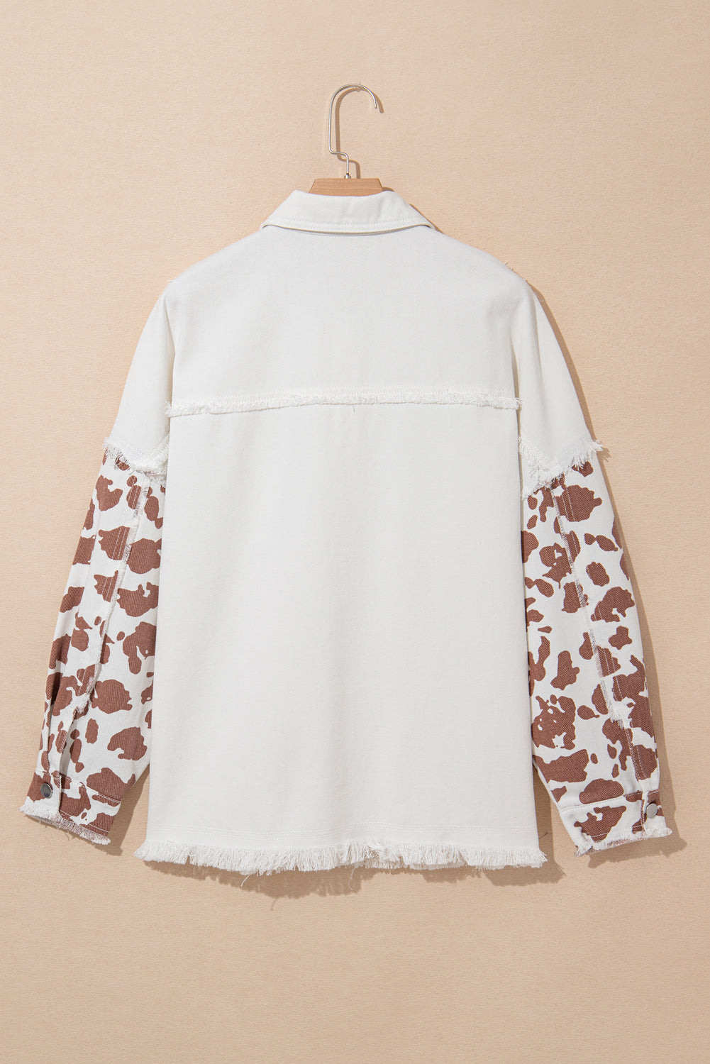White Cow Spot Patchwork Flap Pocket Distressed Hem Long Denim Jacket Denim Jackets JT's Designer Fashion