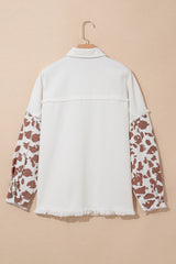 White Cow Spot Patchwork Flap Pocket Distressed Hem Long Denim Jacket Denim Jackets JT's Designer Fashion