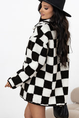 Black Checkered Side Pockets Collared Buttoned Fleece Jacket Jackets JT's Designer Fashion