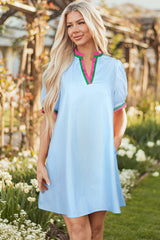 Myosotis Contrast Striped Notched V Neck Puff Sleeve Mini Dress Mini Dresses JT's Designer Fashion