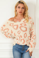Leopard Animal Print Distressed Trim Fuzzy Sweater Sweaters & Cardigans JT's Designer Fashion