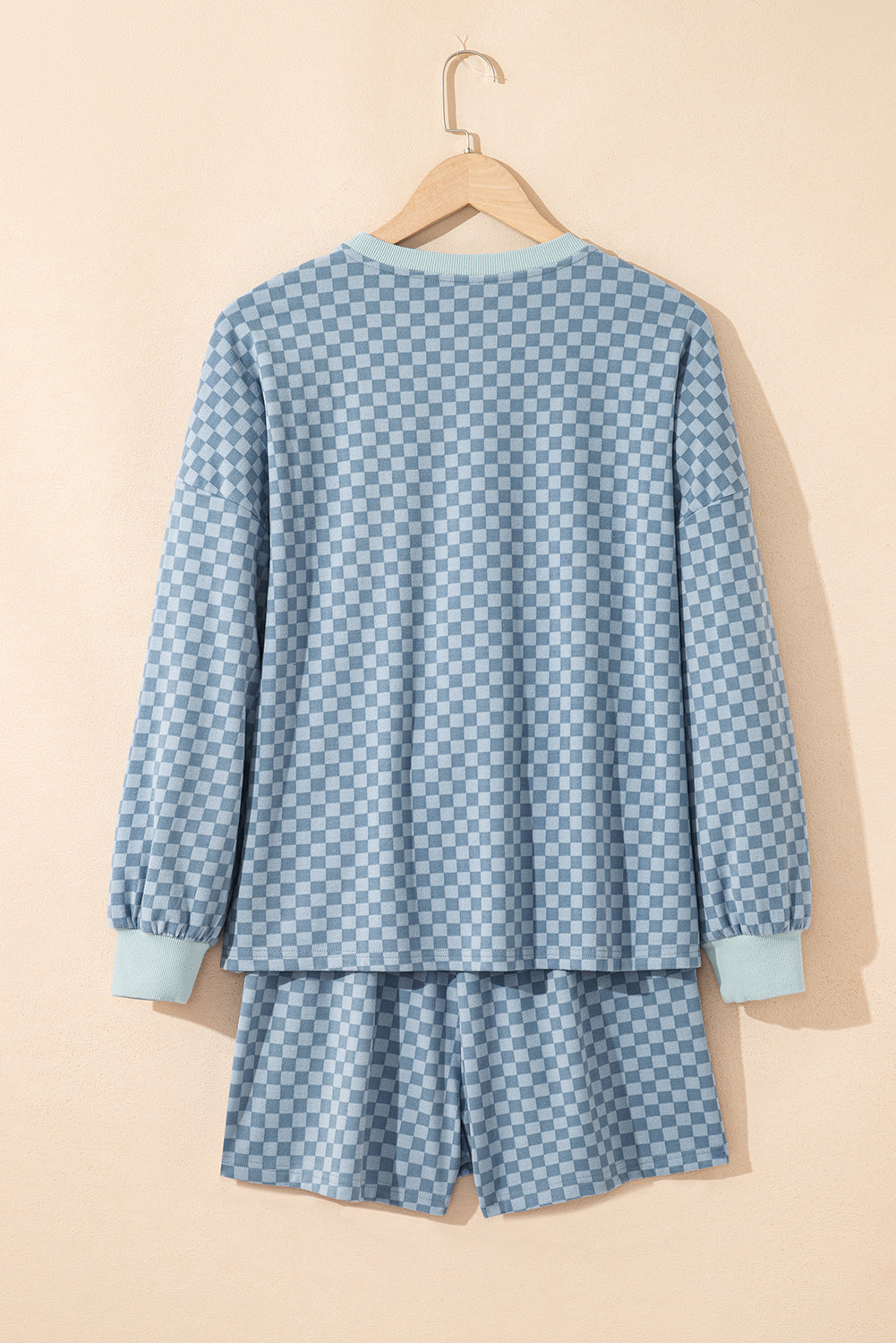 Sky Blue Checkerboard Long Sleeve Pullover and Shorts Set Short Sets JT's Designer Fashion