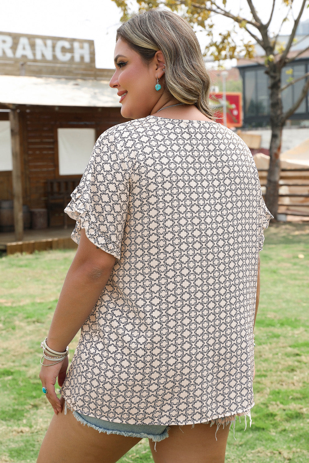 Khaki Plus Size Geometric Print Ruffled Sleeve Blouse Plus Size Blouses & Shirts JT's Designer Fashion