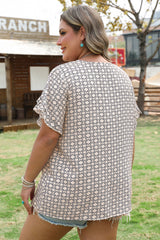 Khaki Plus Size Geometric Print Ruffled Sleeve Blouse Plus Size Blouses & Shirts JT's Designer Fashion