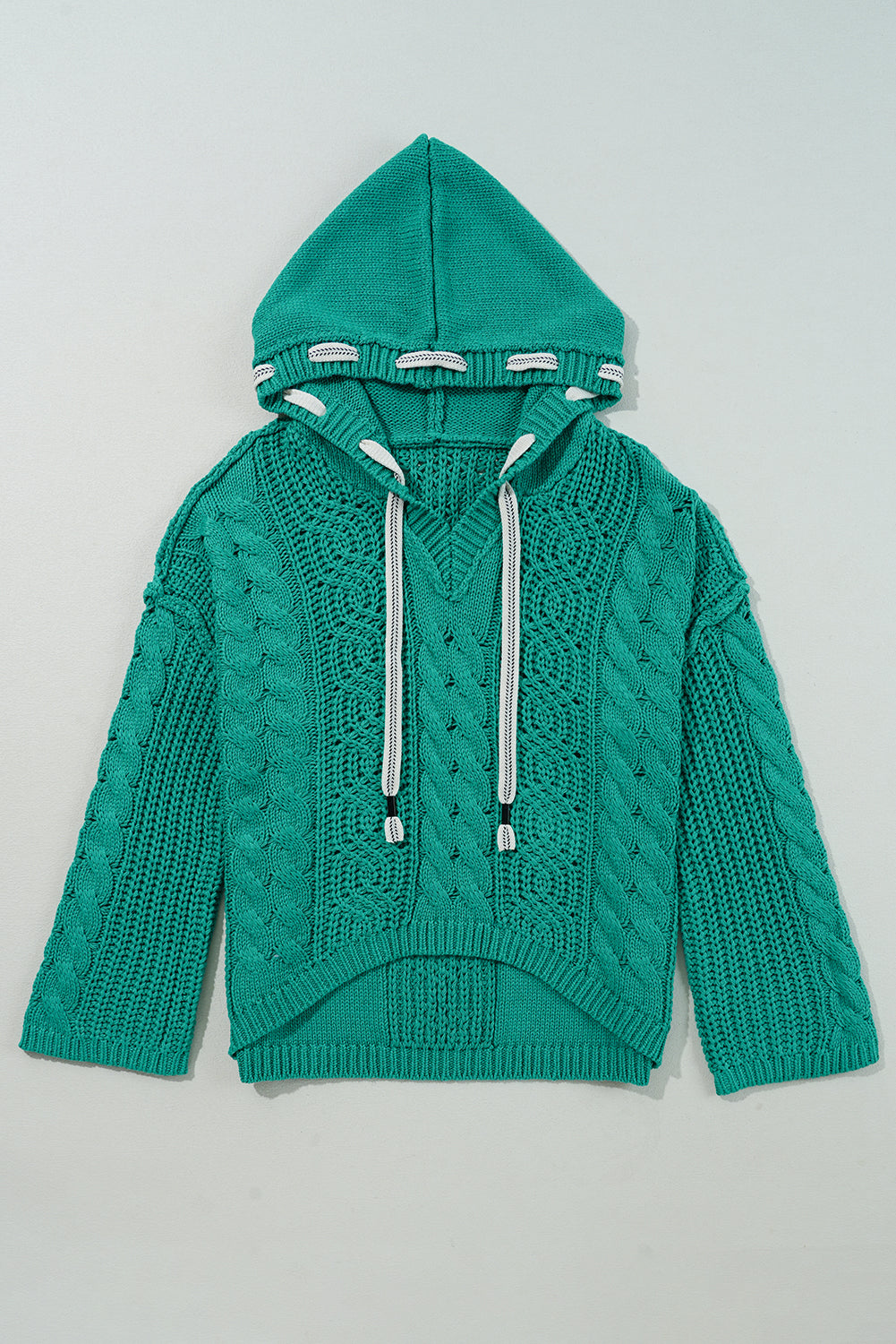 Sea Green Cable Knit V Neck Contrast Drawstring Hooded Sweater Sweaters JT's Designer Fashion