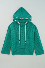 Sea Green Cable Knit V Neck Contrast Drawstring Hooded Sweater Sweaters JT's Designer Fashion