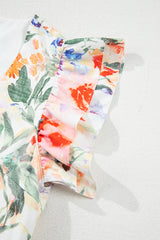 Pink Floral Double Ruffle Sleeve V Neck High Waist Mini Dress Floral Dresses JT's Designer Fashion