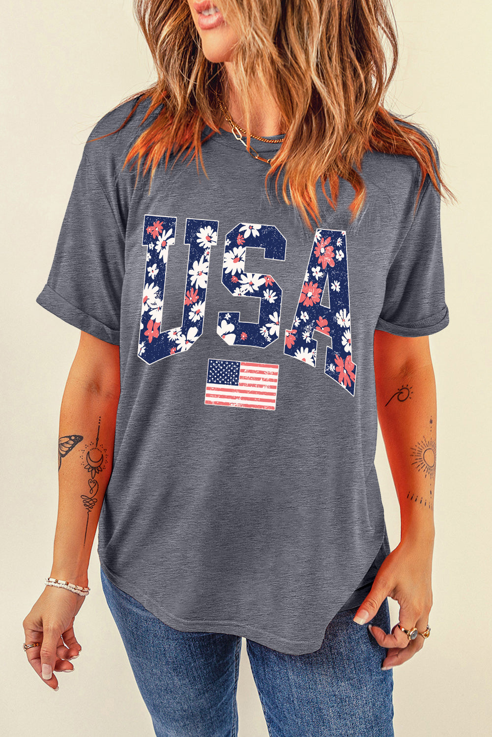Gray Blooming USA Flag Print Casual T Shirt Graphic Tees JT's Designer Fashion