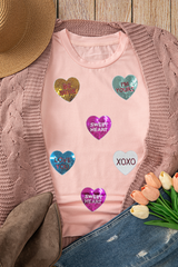 Pink Sequin Valentines Lettering Heart Patched Crewneck T Shirt Graphic Tees JT's Designer Fashion