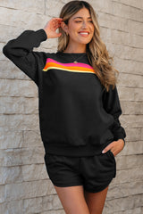 Black Striped Accent Pullover and Shorts Two Piece Casual Set Black 50%Polyester+50%Cotton Short Sets JT's Designer Fashion
