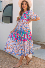 Sky Blue Mixed Floral Print Tie Split Neck Short Sleeve Dress Floral Dresses JT's Designer Fashion