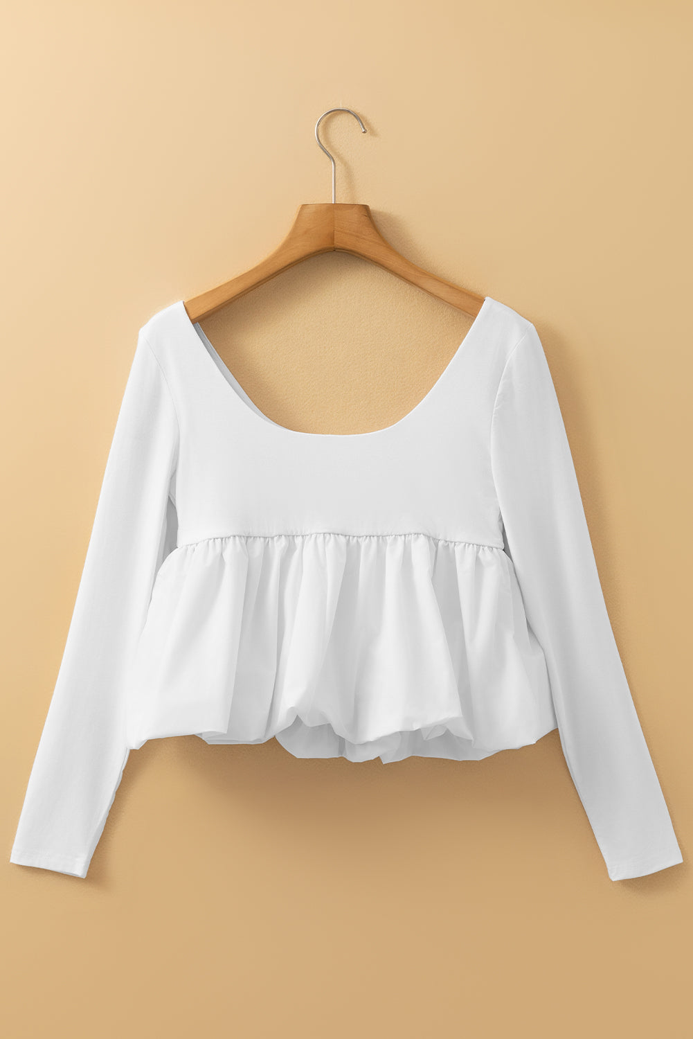 White U Neck Long Sleeve Bubble Hem Top Blouses & Shirts JT's Designer Fashion