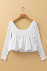 White U Neck Long Sleeve Bubble Hem Top Blouses & Shirts JT's Designer Fashion