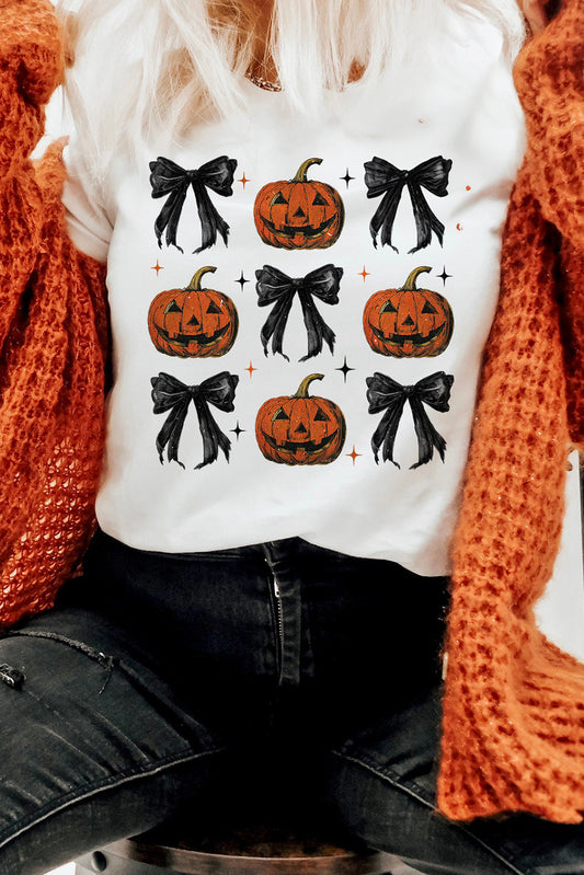 White Halloween Pumpkin Face Bowknot Graphic T Shirt Graphic Tees JT's Designer Fashion