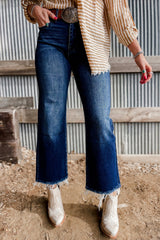 Sail Blue Mineral Wash Raw Hem High Waist Flared Jeans Jeans JT's Designer Fashion