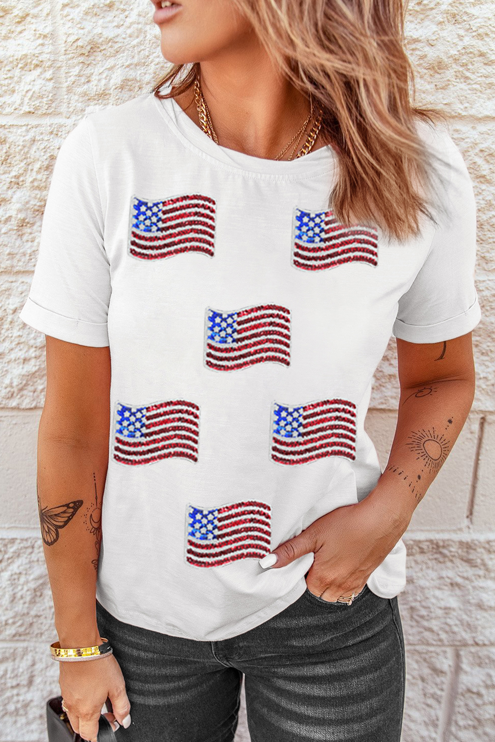 White Sequin American Flag Patched Casual T Shirt Graphic Tees JT's Designer Fashion