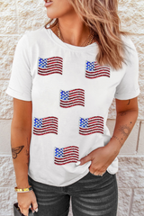 White Sequin American Flag Patched Casual T Shirt Graphic Tees JT's Designer Fashion